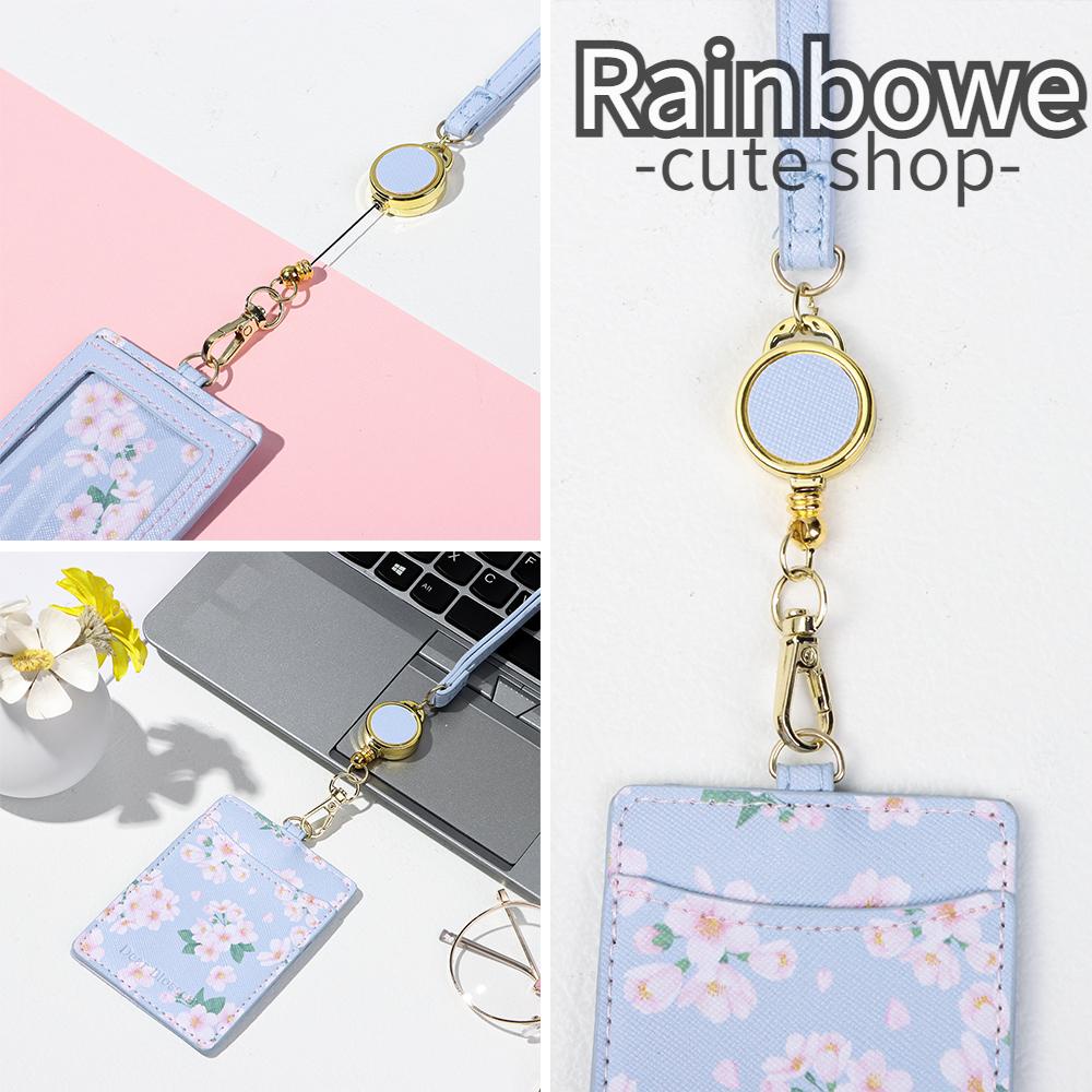 RAINBOW Women PU leather Identity Badge ID Card Cover Case Holders Cherry Retractable Lanyard ID Bus Card Meal Card Cover/Multicolor