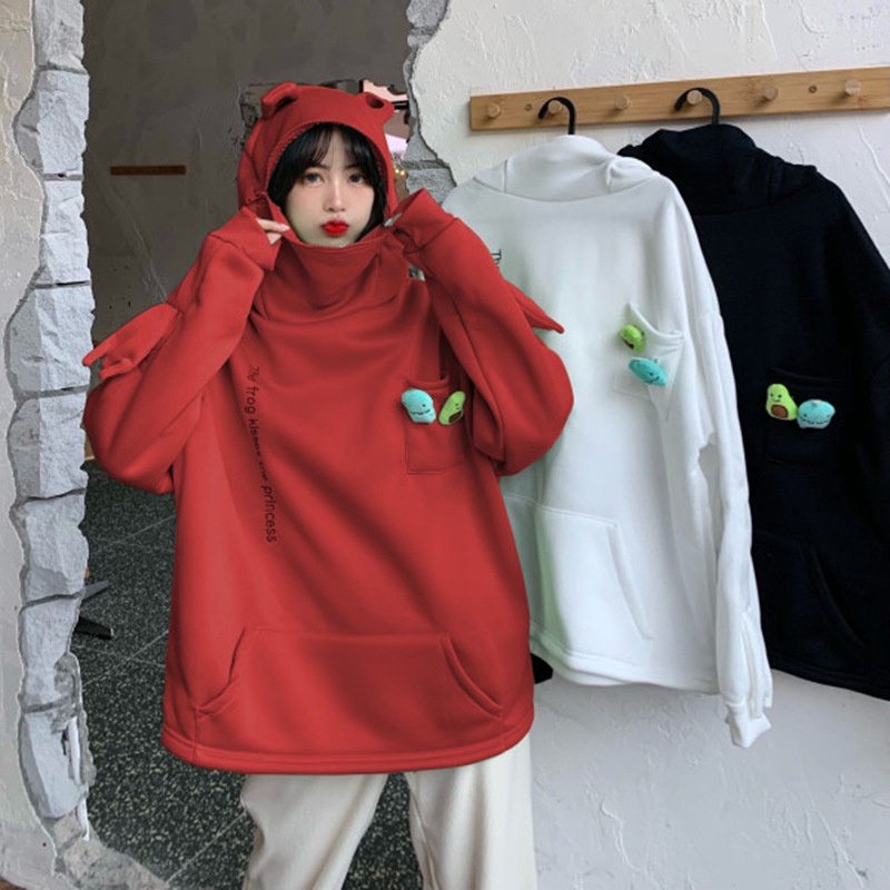 Áo Khoác Sweater Chui Đầu Phối Nhung Dày Dáng Rộng In Hình Ếch Thời Trang Thu Đông Mới Cho Cặp Đôi