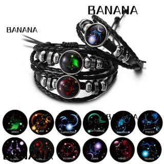 BANANA  New Luminous 12 Constellation Signs Braided Leather Vintage Bracelet Men Women Punk Jewelry