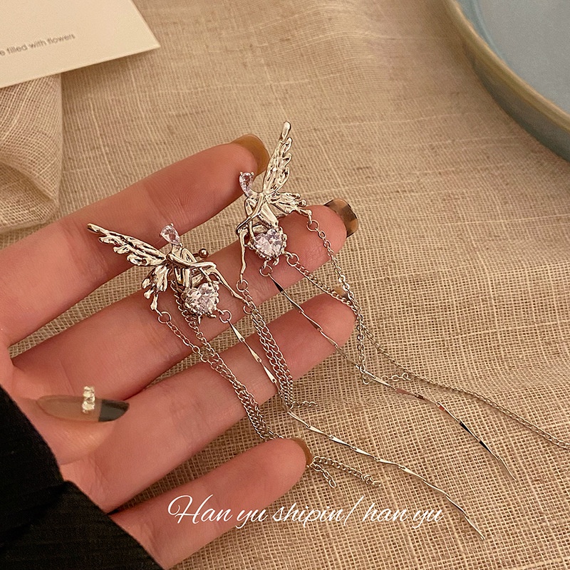 Bộ Khuyên Kẹp Vành Tai Dáng Dài Hình Thiên Thần Đính Đá Dễ Thương Phong Cách Hàn Quốc