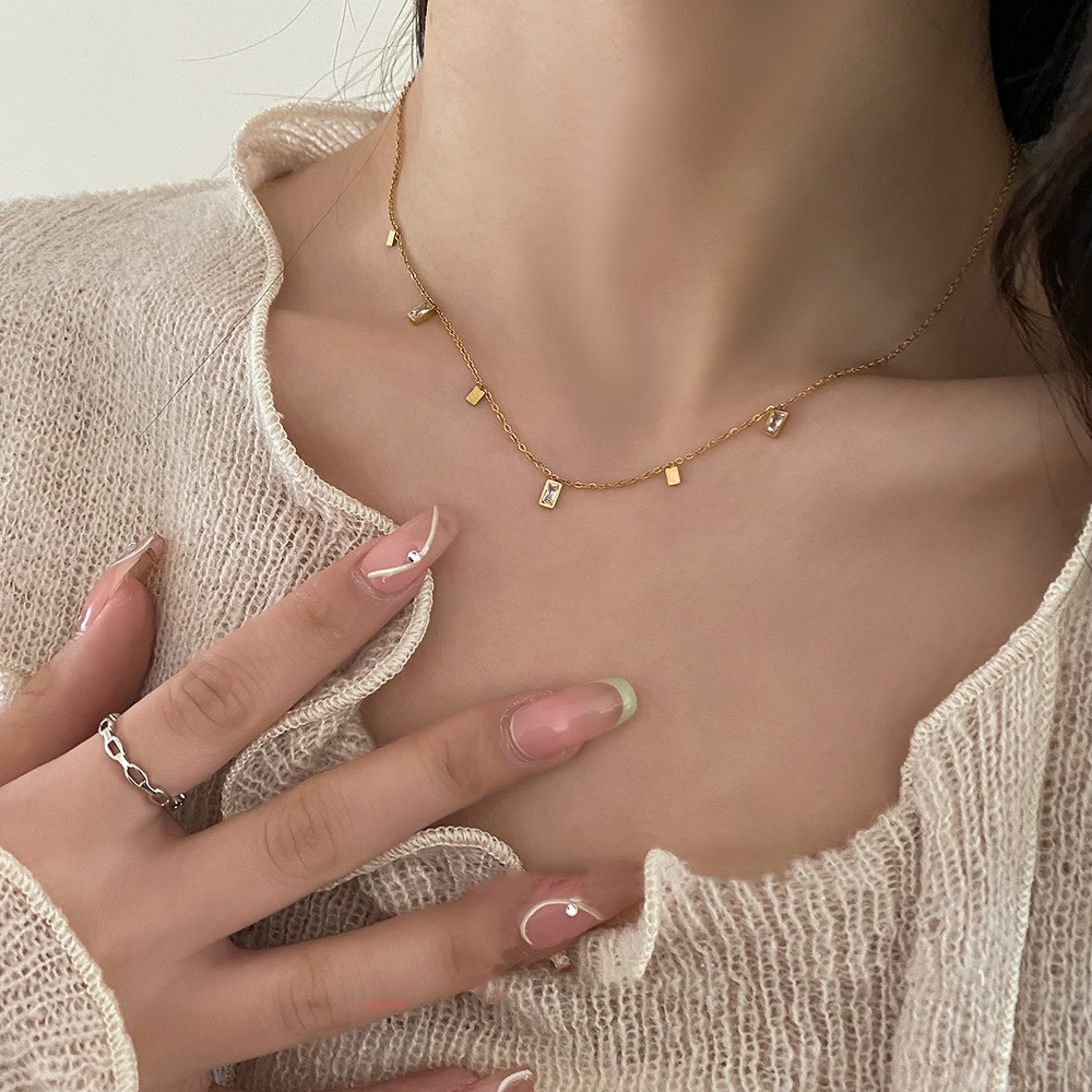 Vòng Cổ Choker Bằng Thép Không Gỉ X005 Vàng 18K Đính Đá Zircon Hình Chữ Nhật Phong Cách Vintage Cho Nữ