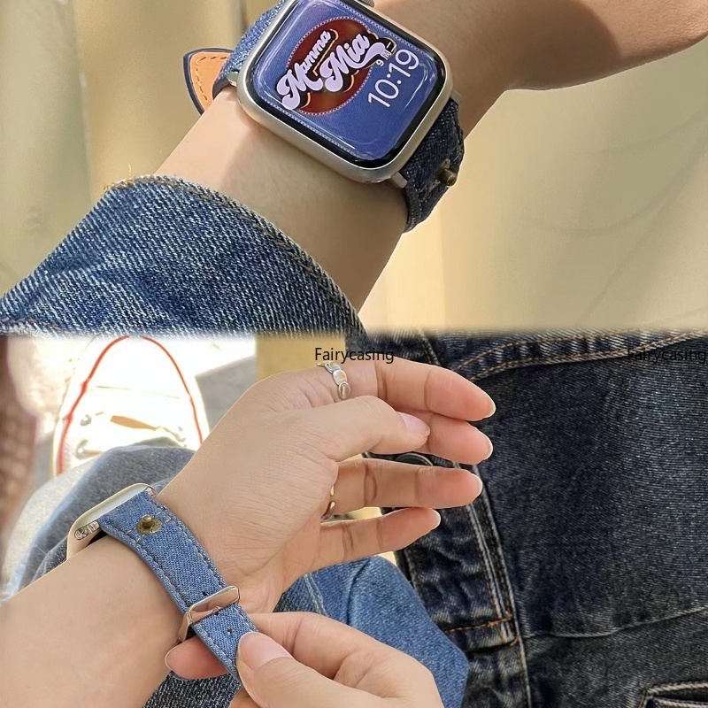 Dây Đeo Đồng Hồ Bằng Da Và Denim Cho iWatch Series 42mm 41mm 40mm 44mm 45mm 38mm 49mm Ultra 8 7 6 5 4 SE