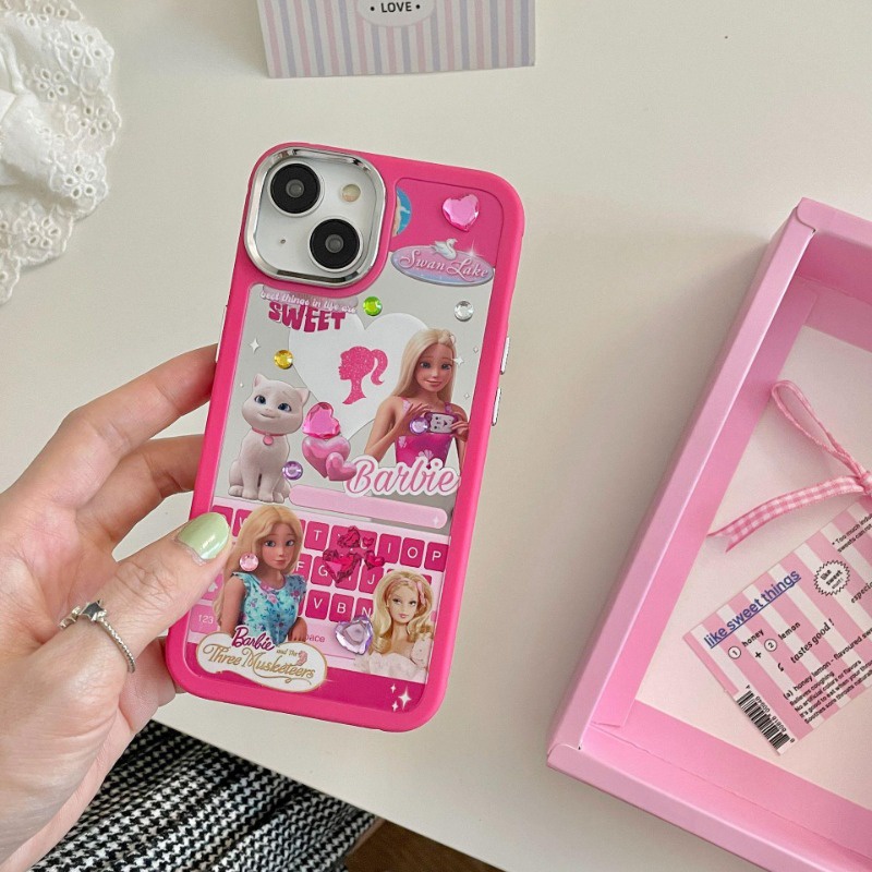 Ốp Điện Thoại Họa Tiết Búp Bê Barbie Mặt Gương Có Dây Xích Chống Rơi Cho iPhone 14 / 13 / 12 Pro Max