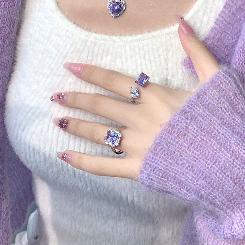 Nhẫn Hở Đính Đá Zircon Màu Tím Thời Trang Có Thể Điều Chỉnh Kích Thước