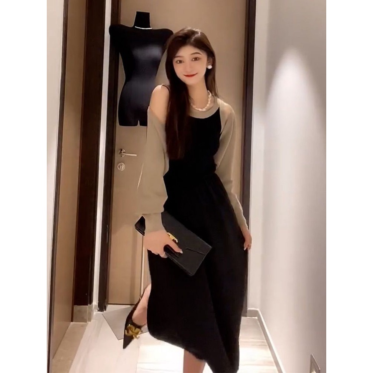 Set Đầm Hai Dây Dệt Kim Màu Đen Thời Trang Mùa Thu 2023 Cho Nữ