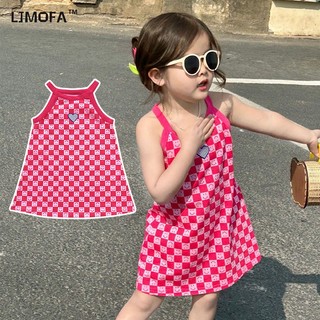 Đầm LJMOFA cổ yếm hai dây màu hồng in họa tiết lưới ngọt ngào cho bé gái 2-10T