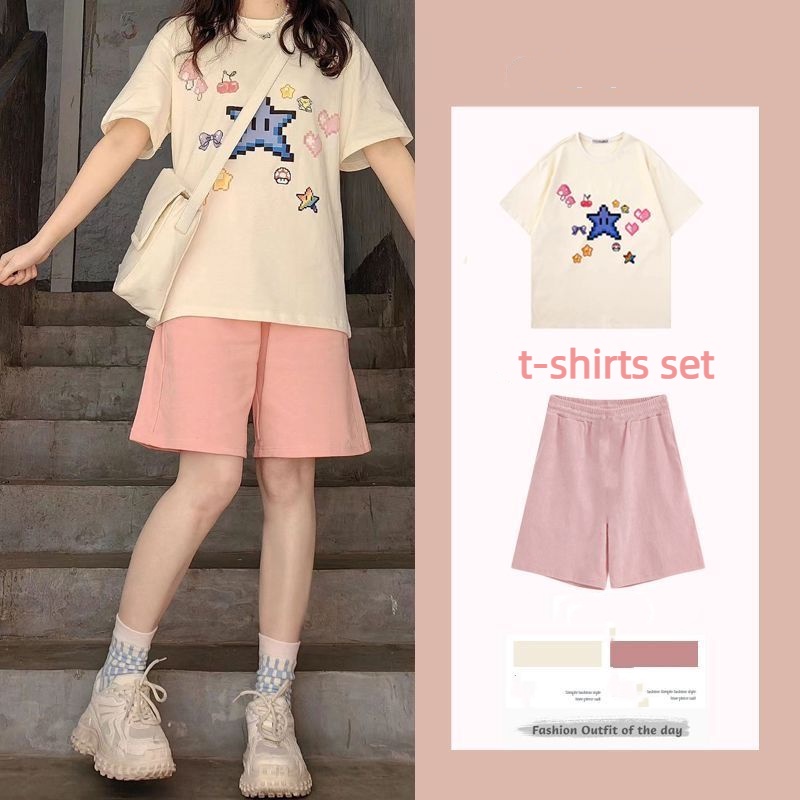 Set Áo Thun Ngắn Tay Form Rộng Và Quần Short Thời Trang Mùa Hè Cho Nữ