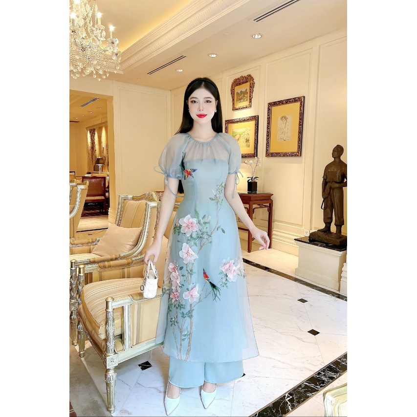 Áo dài cách tân cổ tròn đính kết hoa chất liệu organza cao cấp -  Xưởng Áo Dài Cách Tân - AD54