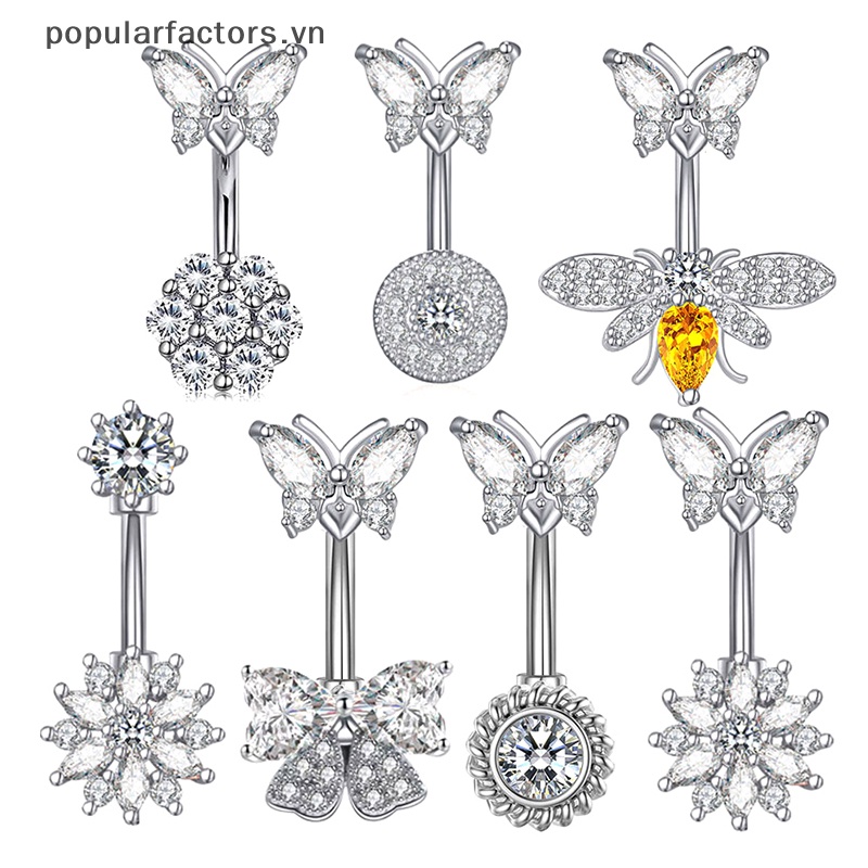 Khuyên Rốn Bằng Thép Không Gỉ Hình Hoa Và Bướm Đính Đá Zircon Thời Trang Cho Nữ