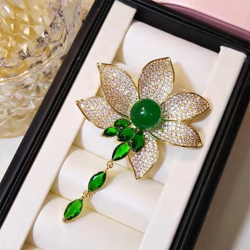 Elegant emerald lotus luxury rhinestone mặt dây chuyền trâm cài ghim cho phụ nữ lady exuqisite chất lượng cao phù hợp với cây ăn mặc corsage quà tặng
