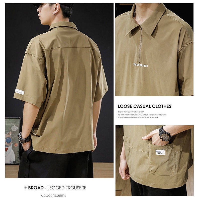 Summer Thin Ice Silk Retro Multi-Pocket Work Pants Lapel Short-Sleeved T-shirt Men's Polo Shirt Loose-Fitting plus Size Half-Length Sleeves Ao6L