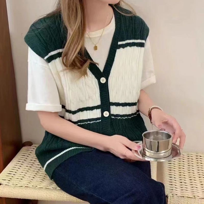 Áo Sweater Dệt Kim Sát Nách Dáng Rộng Kẻ Sọc Kiểu Retro Cá Tính