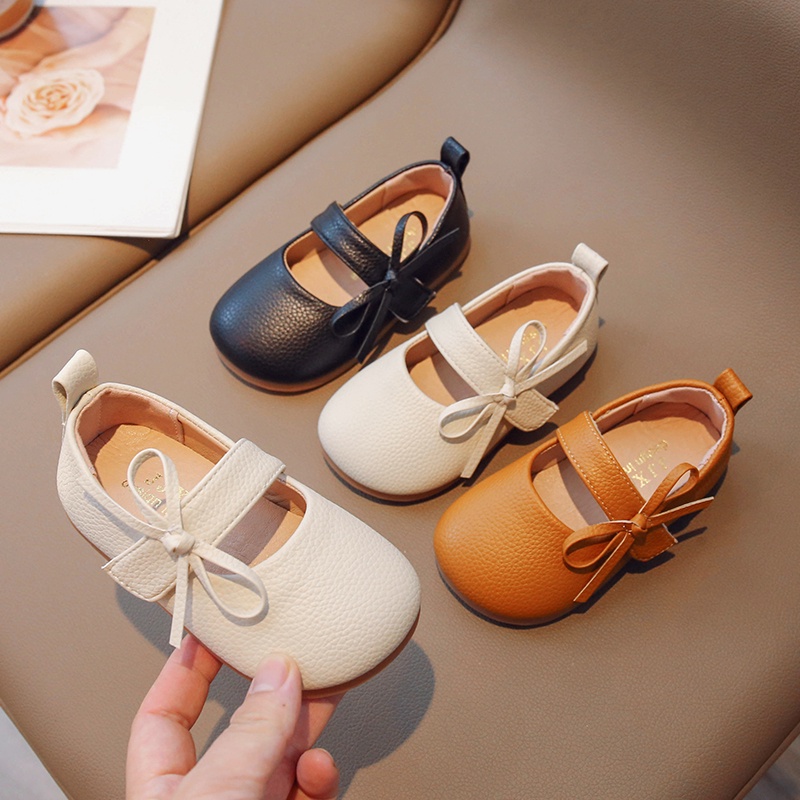 Solid color bowknot baby girls giày bệt da mềm phong cách hàn quốc đơn giản đế mềm chống trượt giày trẻ em 2-6 tuổi