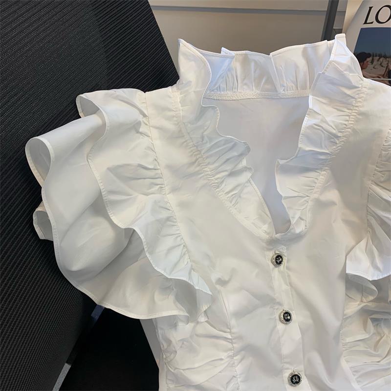 Pháp xù bay tay áo sơ mi phụ nữ không tay phong cách ngắn phong cách phương tây thẻ eo áo sơ mi nhỏ mỏng-vừa vặn mỏng hơn trông trắng hàng đầu mùa hè