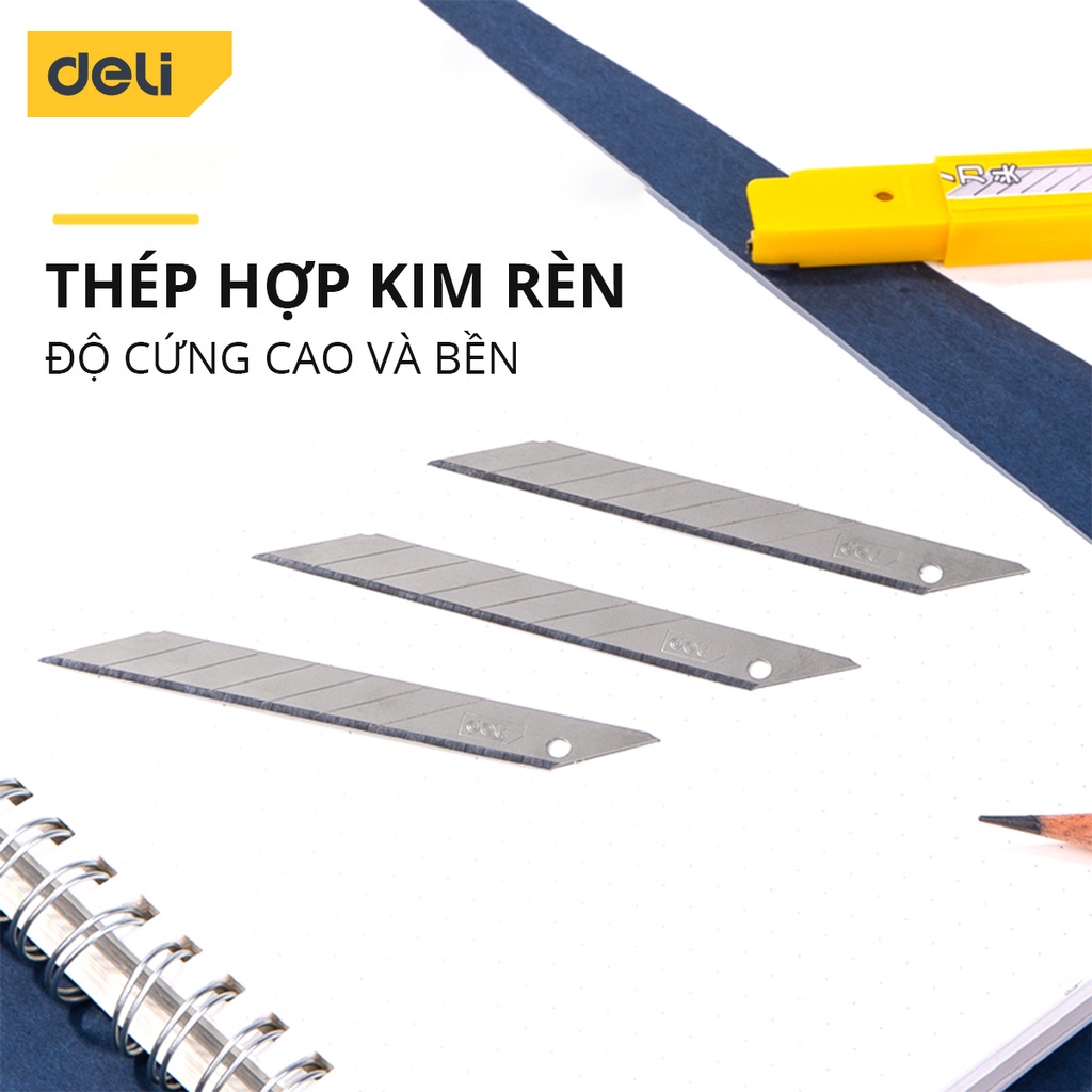 Hộp 10 Lưỡi Dao Rọc Giấy Deli, Chất Liệu Thép Hợp Kim Siêu Bền, Sắc Bén, Mũi Dao 30 Độ - DL-DP093