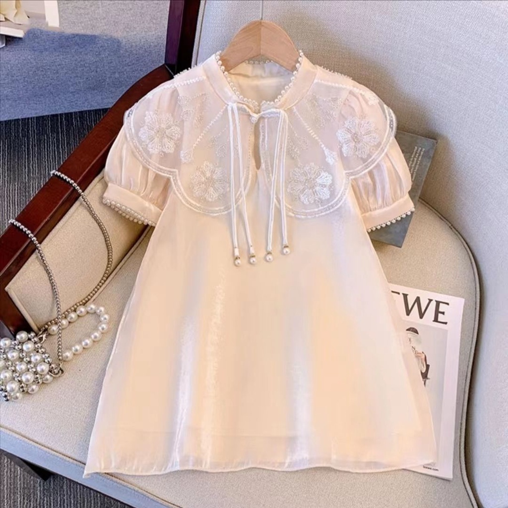 Váy sườn xám kid cực xinh hàng Váy mùa hè cho bé gái 2023 phong cách mùa hè phong cách mới trẻ em phong cách phương tây đám mây vai sườn xám bé ngắn tay-váy công chúa