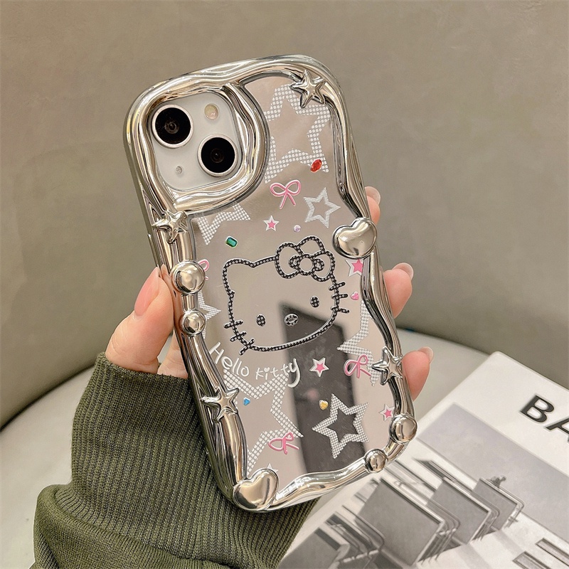 Ốp lưng iPhone Hello kitty for iphone14pro electroplated silver soft case rhinestone cat bracket drop-resistant apple 13 phone case