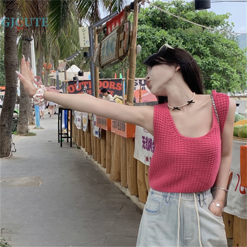 Áo Dệt Kim Sát Nách Cổ Tròn Màu Trơn Thời Trang Mùa Hè Cho Nữ