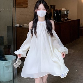 Váy Trắng Chiffon Trễ Vai Dài Tay Suông Cách Điệu Siêu Đáng Yêu Đầm dáng chữ A