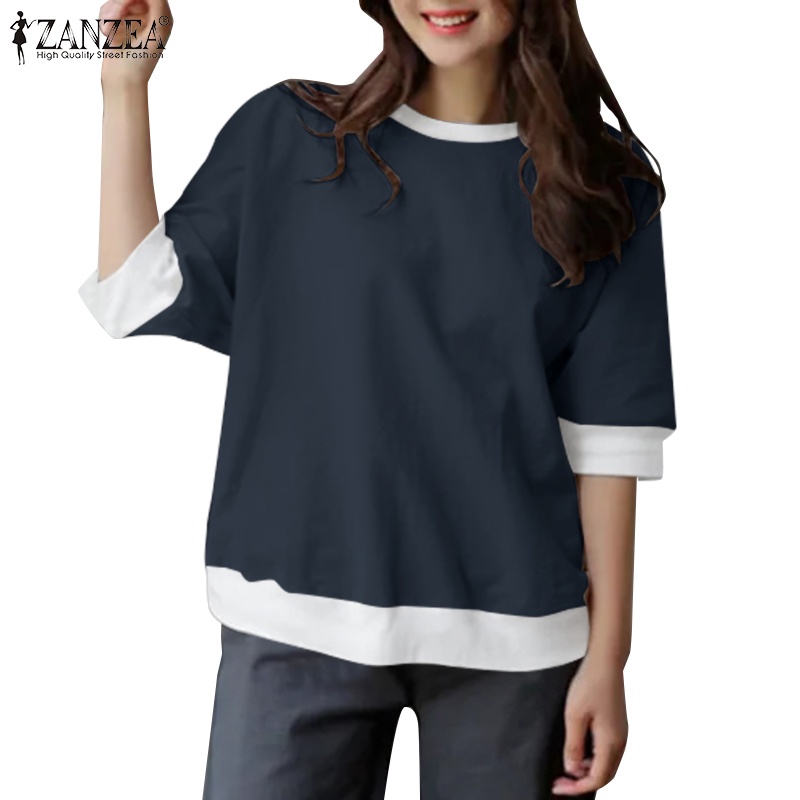 Áo kiểu ZANZEA dệt kim cổ tròn tay lửng màu tương phản phong cách Hàn Quốc thời trang cho nữ