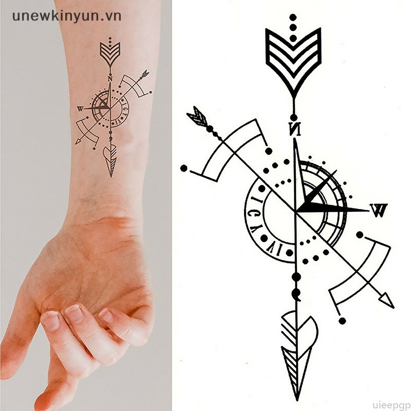 Uu không thấm nước hình xăm tạm thời sticker la bàn mũi tên đồng hồ la mã cánh tay hình xăm cơ thể vn