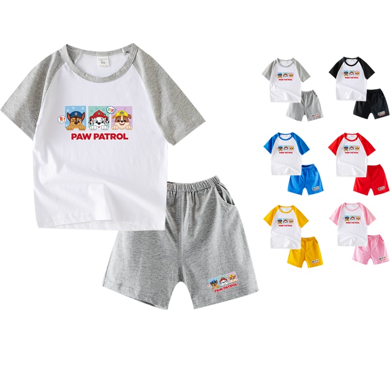 Ready stock 6 màu trẻ em paw patrol phim hoạt hình cotton ngắn tay áo phông và quần bộ kc002