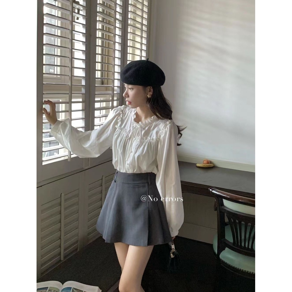 Áo sơ mi nơ pháp của phụ nữ áo sơ mi dưới cùng ren-up màu xanh băng trên