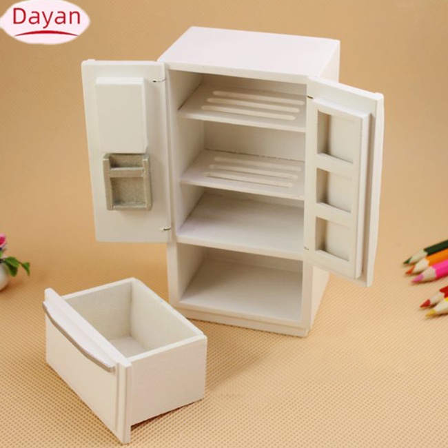 Dayan kids 1:12 tủ lạnh cửa đôi bằng gỗ nhỏ đồ chơi trang trí búp bê cho ngôi nhà