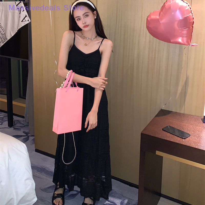 Massivedeals váy dây đeo mùa hè pháp thời trang đơn giản chắp vá váy dài ren mới
