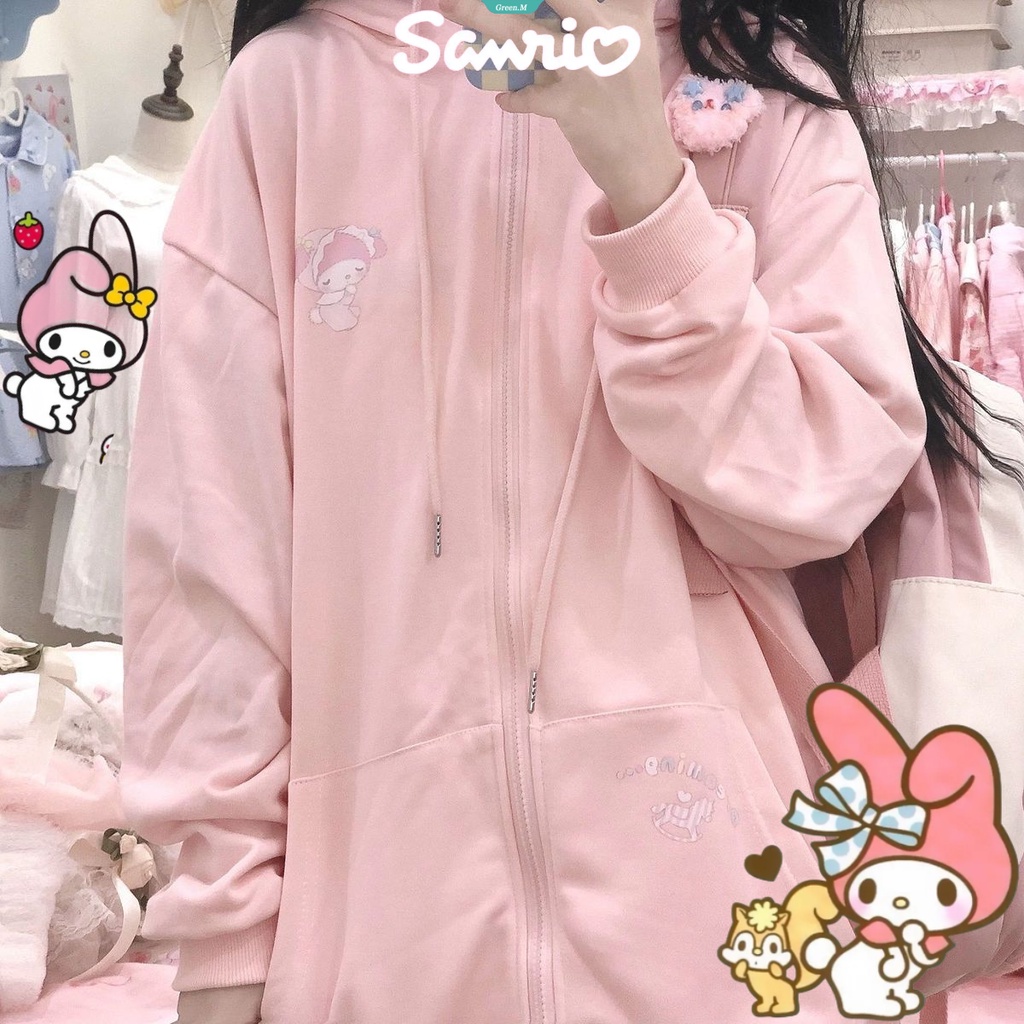 Phụ nữ mùa xuân mùa thu zip up áo khoác kawaii sanrio mymelody kuromi hàng đầu y2k phụ nữ có mũ trùm đầu dài tay cinnamoroll áo khoác thường áo khoác lửng [gm]