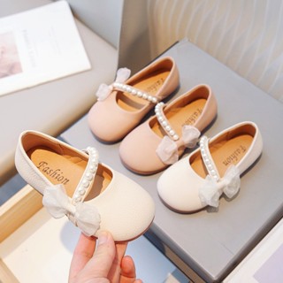 2023 spring autumn phong cách mới little girl sweet pearl bow shoes baby girl soft sole all-match princess dance shoes