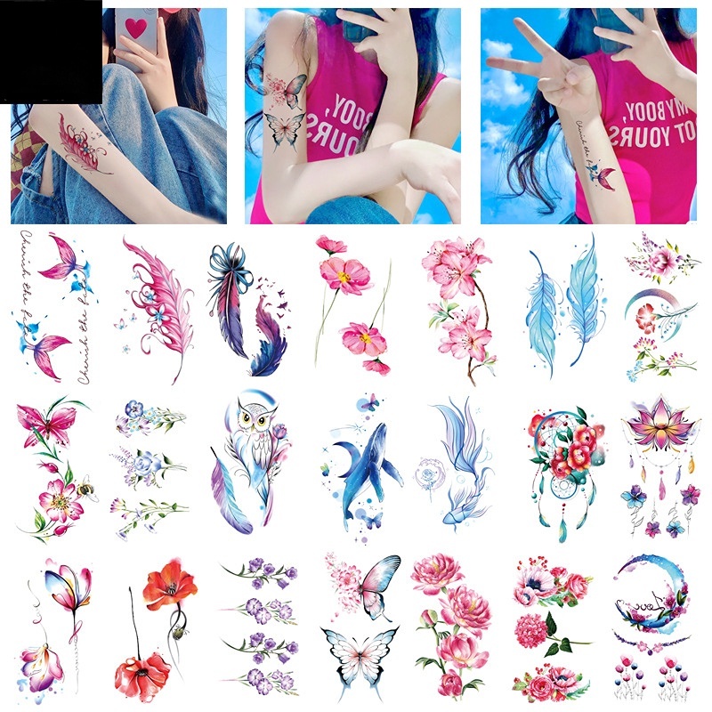 Set 10 Miếng Dán Hình Xăm Tạm Thời Họa Tiết Hoa Bướm Lông Vũ Nhiều Màu Sắc Dễ Thương Chống Nước Cho Nữ