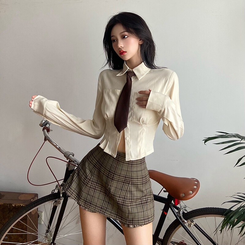 Kliou 2023 Mới Áo Sơ Mi Tay Dài Dáng Ôm Cà Vạt Cà Vạt Thời Trang Mới 2023