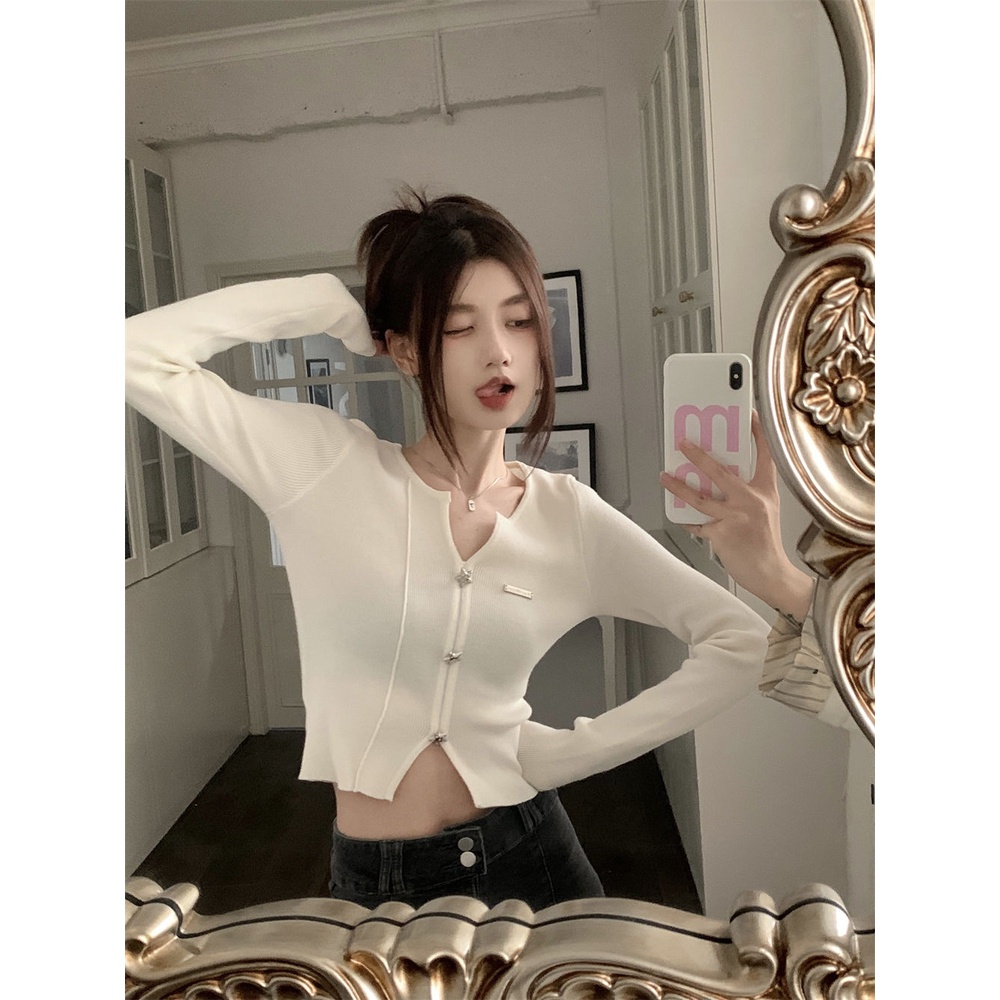 Áo Thun Dệt Kim Tay Dài Cổ Chữ V Dáng Ôm Phong Cách Hàn Quốc Dành Cho Nữ