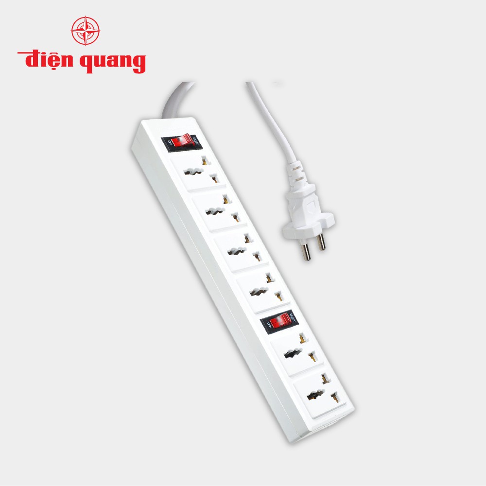 Ổ cắm Điện Quang ĐQ 003A-04 - 6 lỗ 3 chấu chịu nhiệt - 2 công tắc - dây dài 2m/5m