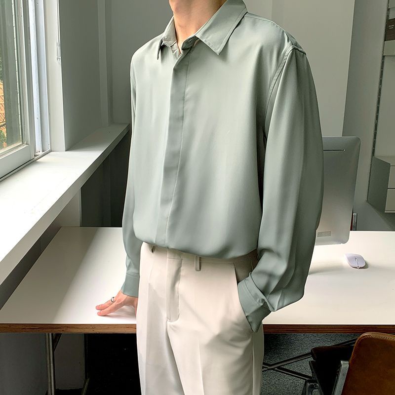 Áo Sơ Mi Lụa Lạnh Cao Cấp Tay Dài Dáng Rộng Phong Cách Hàn Quốc Thời Trang Xuân Hè Cho Nam Giới
