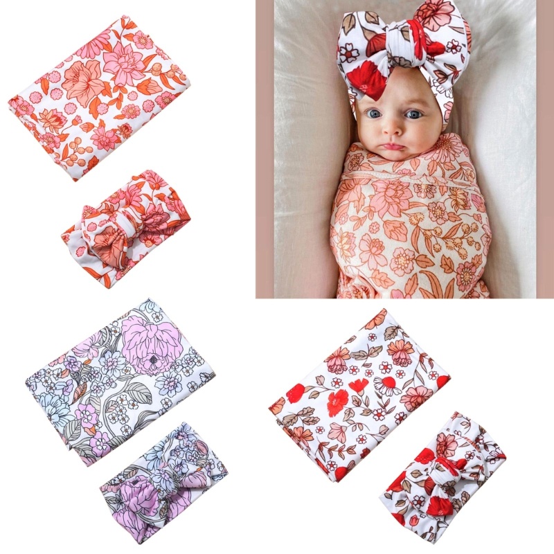 Set 2 Chăn Quấn Em Bé Kèm Băng Đô Hoa Xinh Xắn