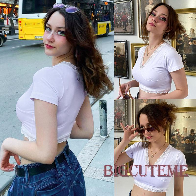 Áo Thun Crop Top Tay Ngắn Cổ Chữ V Phối Ren Thời Trang Mùa Hè Màu Trắng Cho Nữ
