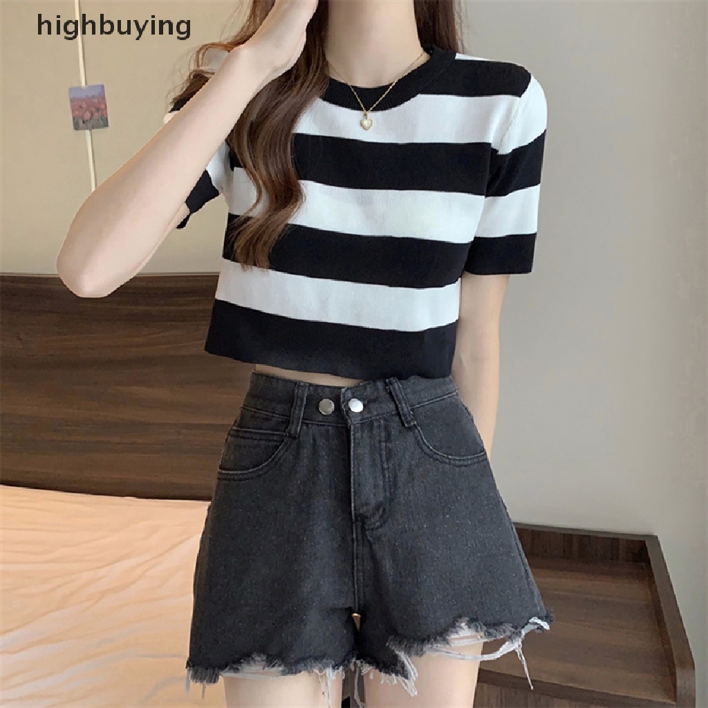 Áo Thun Croptop Dệt Kim Ngắn Tay Cổ Tròn Họa Tiết Kẻ Sọc Phong Cách Vintage