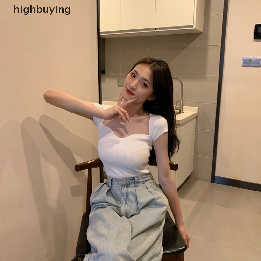 Áo Thun Dệt Kim Tay Ngắn Cổ Vuông Màu Sắc Đơn Giản Cho Nữ