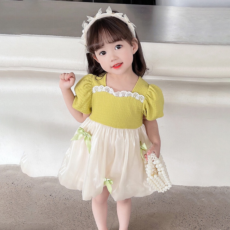 Đầm Tay Phồng Phối Lưới Đính Nơ Phong Cách Hàn Quốc Xinh Xắn Cho Bé Gái 0-5 Tuổi