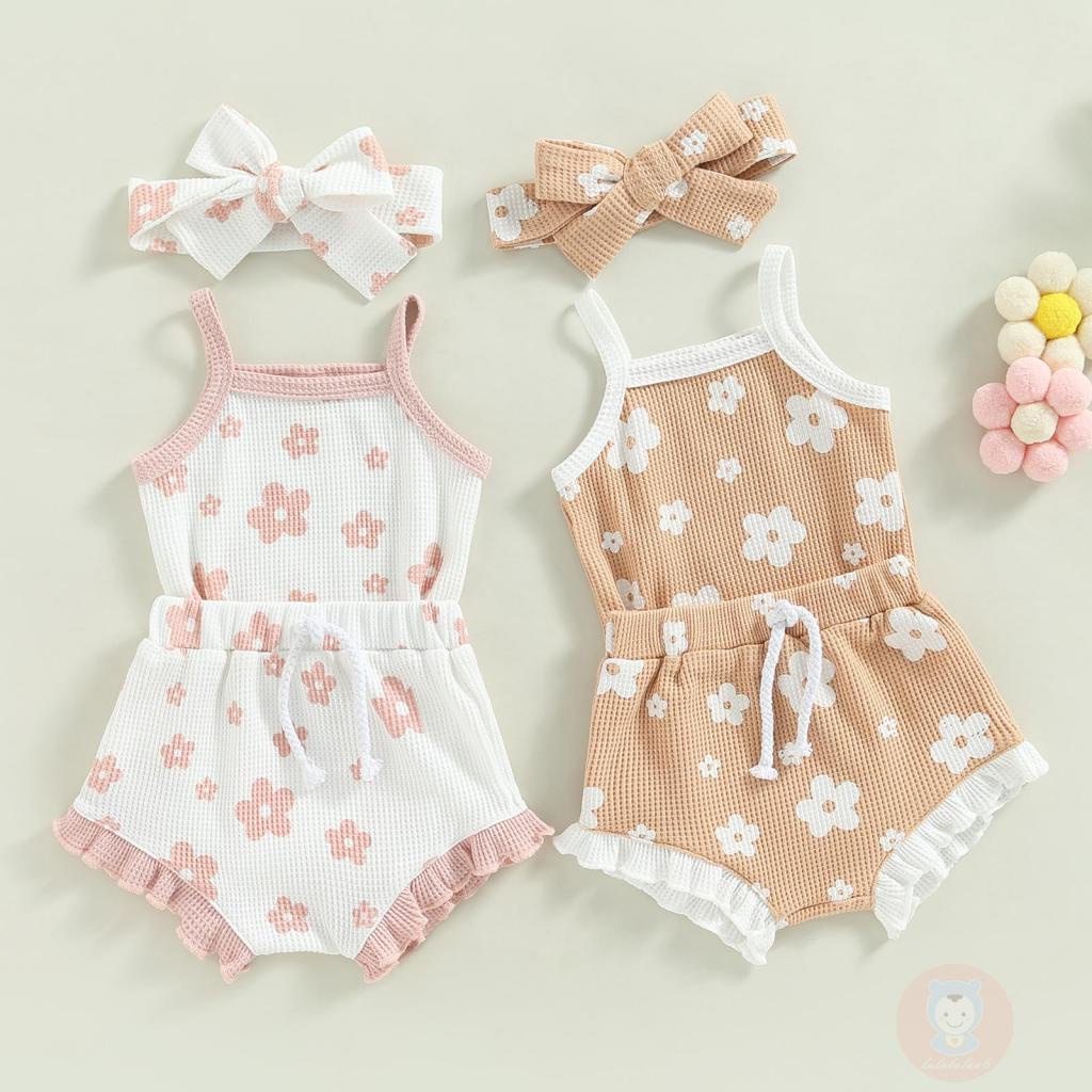 Bộ Áo Liền Quần Hai Dây Phối Bèo + Quần Short + Băng Đô Họa Tiết Hoa Thời Trang Mùa Hè Cho Bé Gái