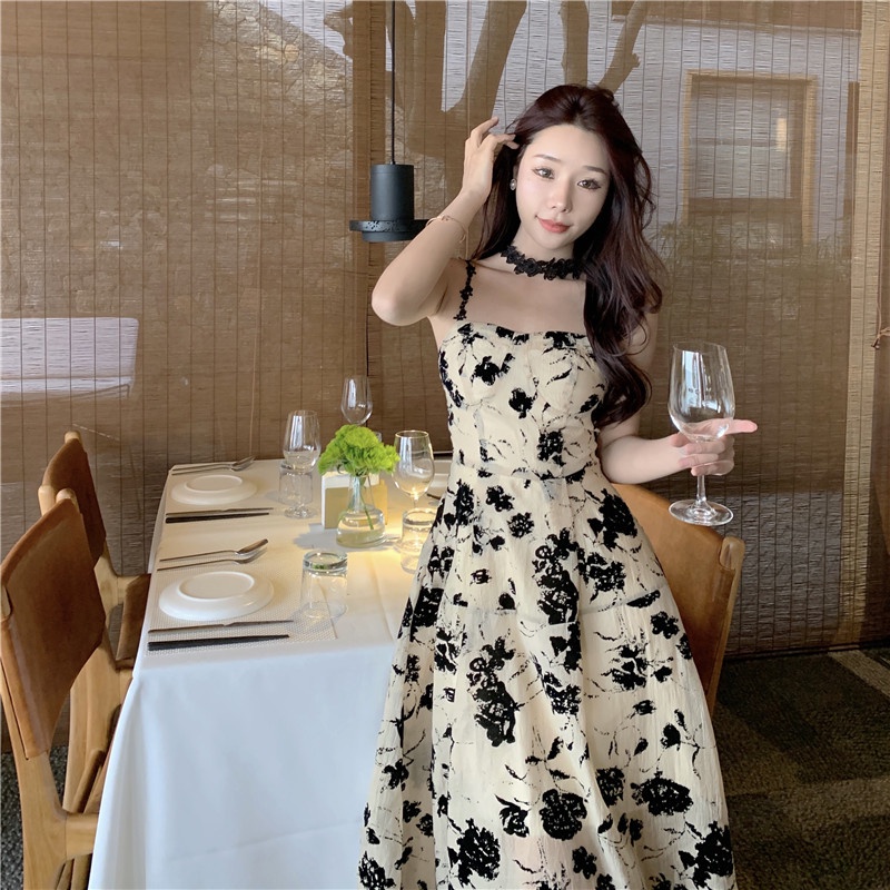 Đầm Midi Hai Dây Họa Tiết Hoa Phong Cách Retro Hàn Quốc Cho Nữ