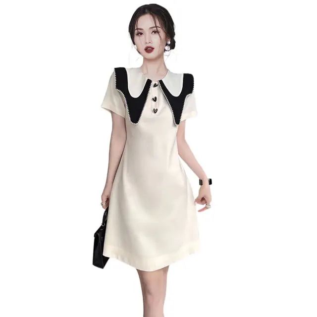 Đầm Tay Ngắn Cổ Búp Bê Màu Tương Phản Phong Cách Pháp Thời Trang Mùa Hè Cho Nữ