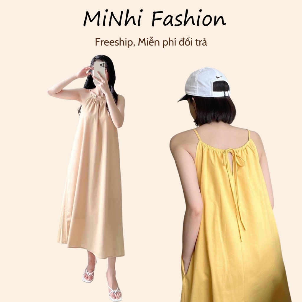 Đầm maxi 2 dây đi biển, Đầm yếm dáng suông form rộng Cao Cấp màu nude sexy dài qua gối cột nơ sau - MiNhi Fashion