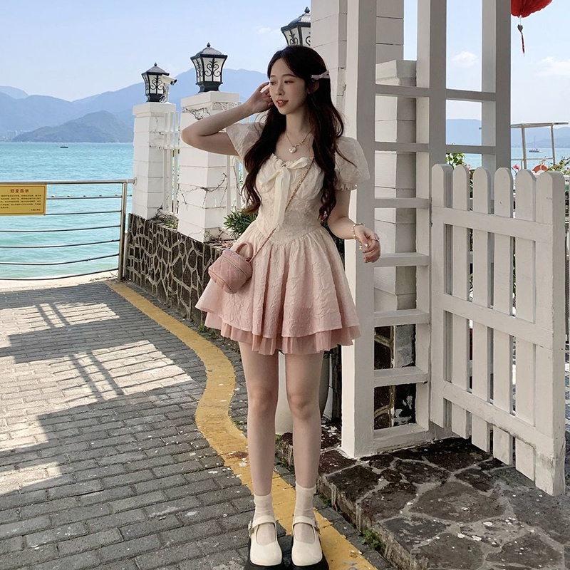 IELGY    Đầm Ngắn Chiết Eo Màu Hồng gradient Trắng Và Ngọt Ngào Phong Cách Hàn Quốc Cho Nữ