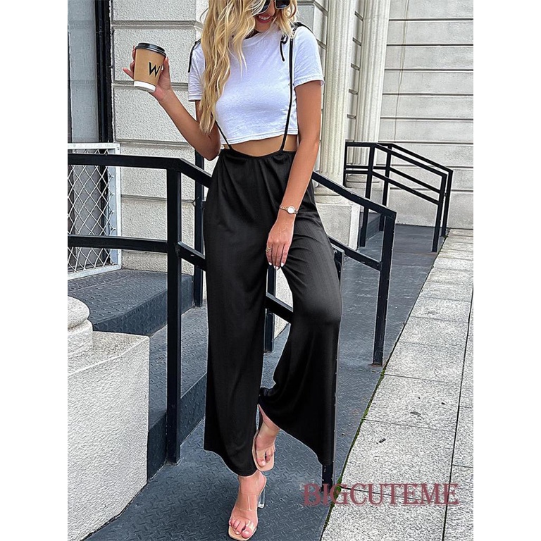 [] Quần Yếm Dài Ống Rộng Lưng Cao Không Tay Màu Đen Giản Dị Dành Cho Nữ