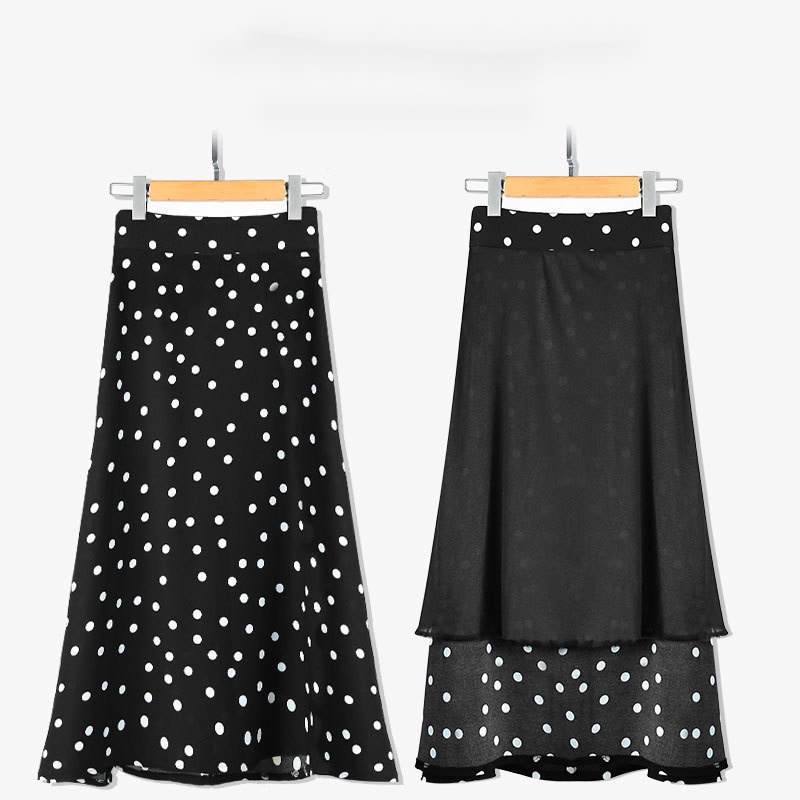 Chân Váy chiffon Chữ a Lưng Cao Dáng Dài Phối Khóa Kéo Họa Tiết Chấm Bi Màu Đen Tương Phản