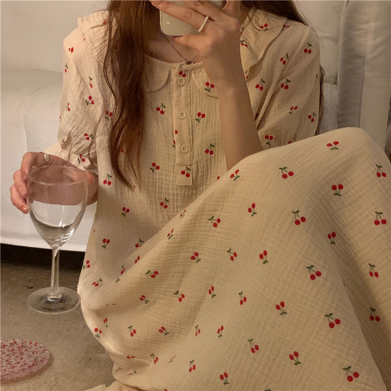 Đầm Ngủ Cotton Tay Ngắn Phối Ren Phong Cách Công Chúa Pháp Ngọt Ngào Cho Nữ La230