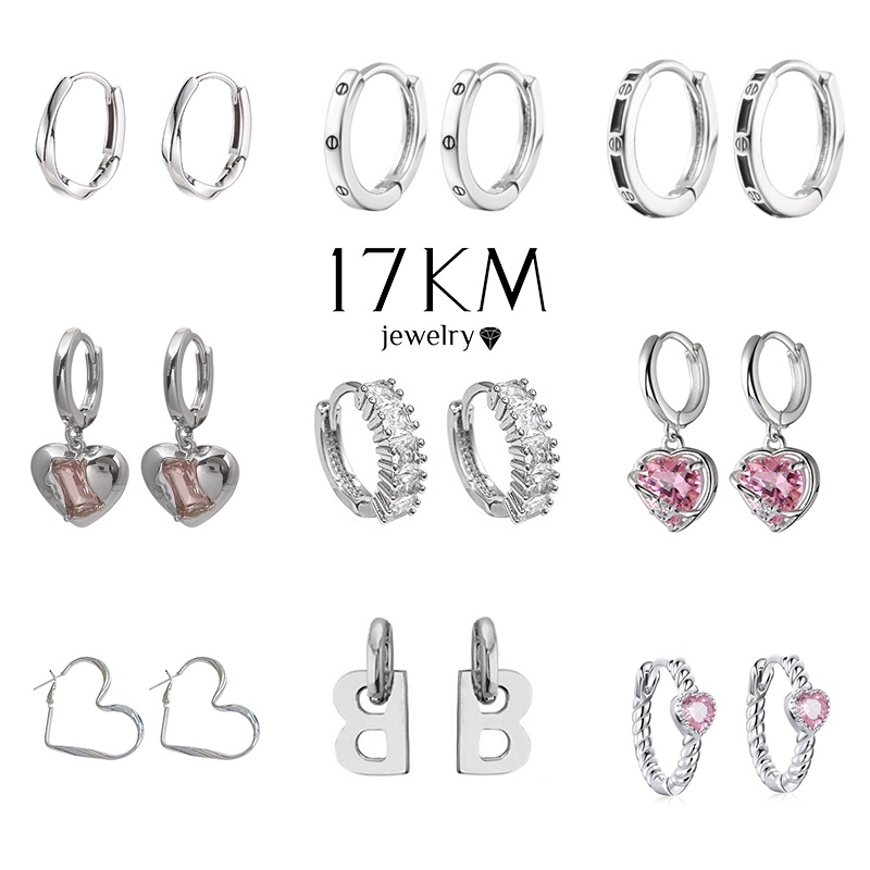 Khuyên tai 17KM mạ bạc hình trái tim / gấu / bướm / cherry đính đá zircon màu hồng xinh xắn cho nữ
